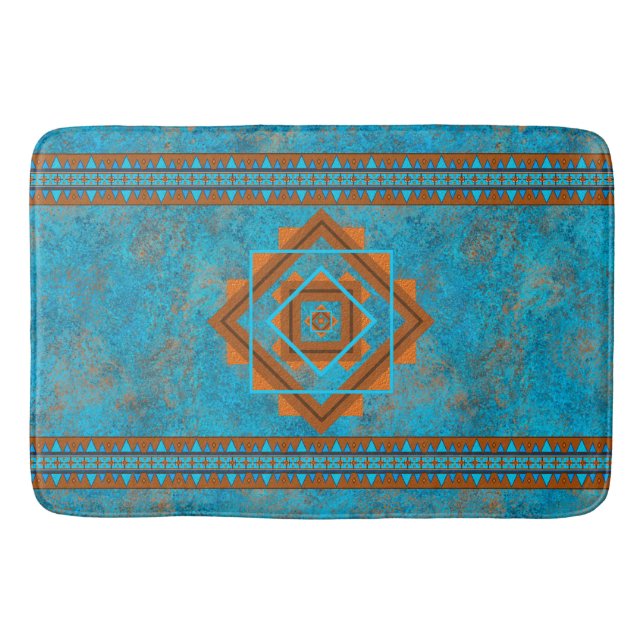 Southwest Mountain Peaks Turquoise Geometric Bath Mat (Front)