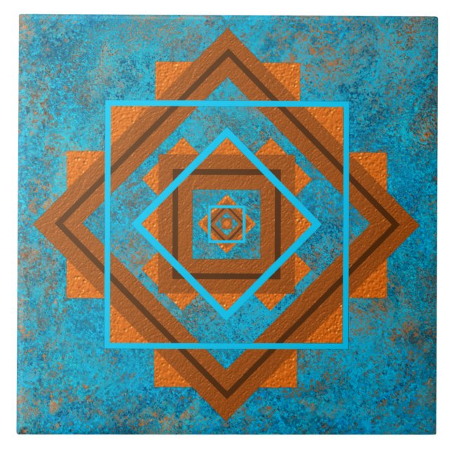 Southwest Mountain Peaks Turquoise Geometric Ceramic Tile (Front)
