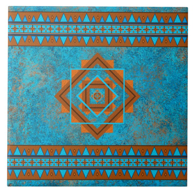 Southwest Mountain Peaks Turquoise Geometric Ceramic Tile (Front)