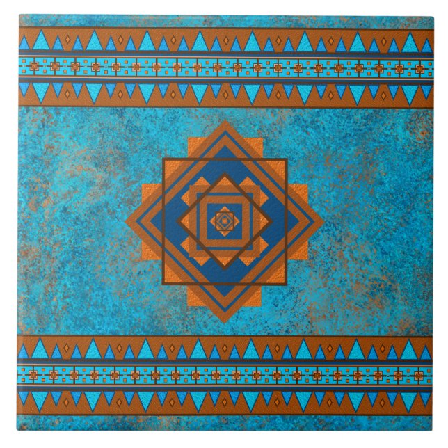 Southwest Mountain Peaks Turquoise Geometric Ceramic Tile (Front)
