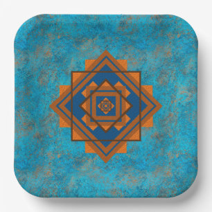 Southwest Mountain Peaks Turquoise Geometric Paper Plate