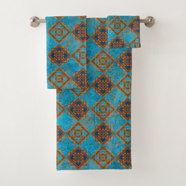 Southwest Mountain Peaks Turquoise Geometric Print Bath Towel Set (Insitu)