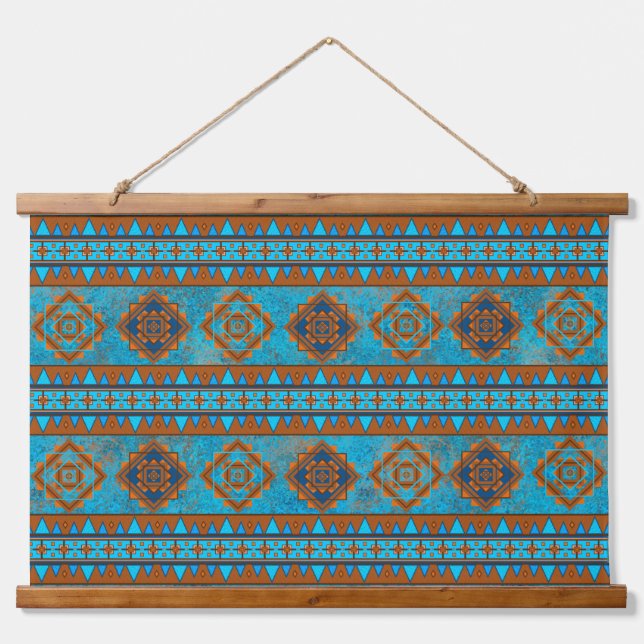 Southwest Mountain Peaks Turquoise Geometric Print Hanging Tapestry (Front)