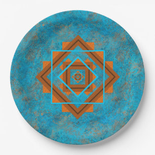 Southwest Mountain Peaks Turquoise Geometric Print Paper Plate