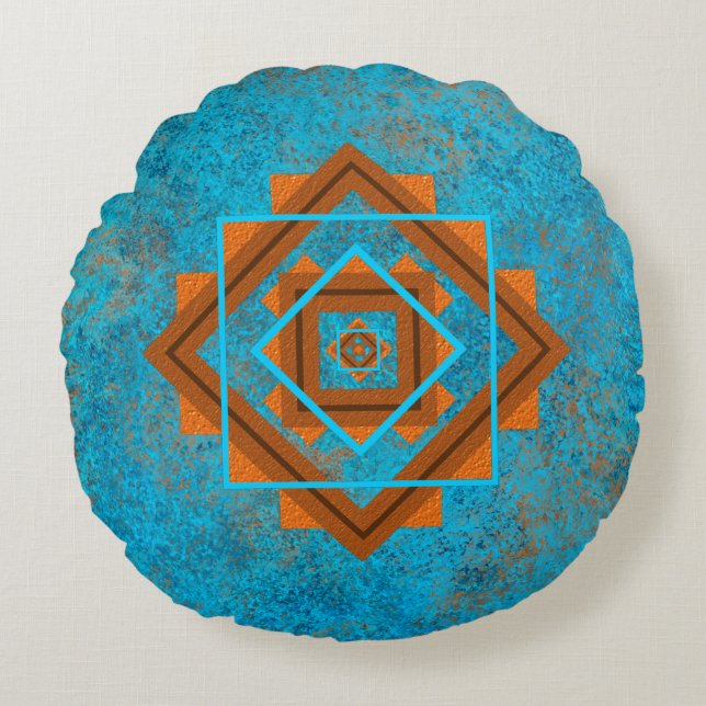 Southwest Mountain Peaks Turquoise Geometric Round Cushion (Front)