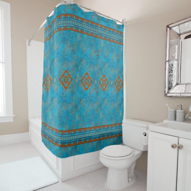 Southwest Mountain Peaks Turquoise Rust Geometric Shower Curtain (In Situ)