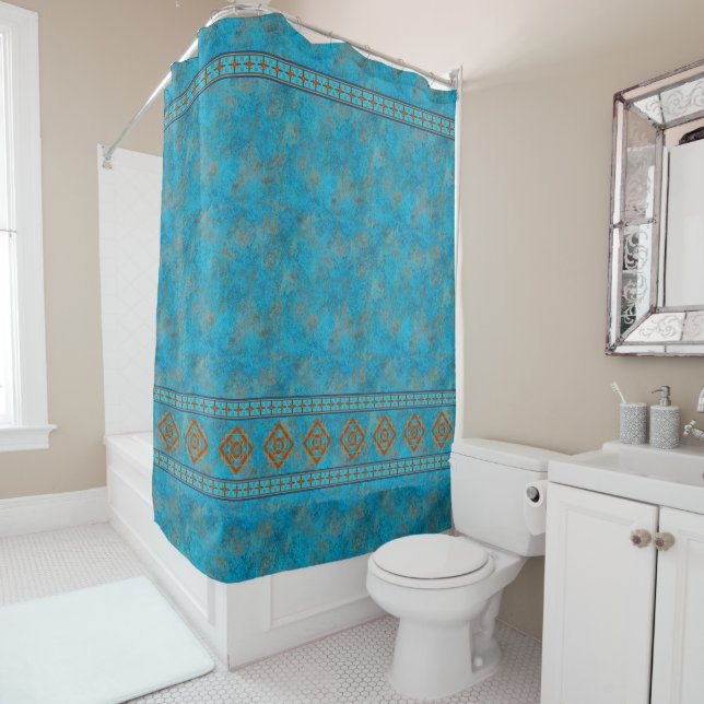 Southwest Mountain Peaks Turquoise Rust Shower Curtain (In Situ)