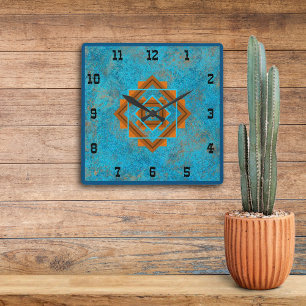 Southwest Mountain Peaks Turquoise Western Style S Square Wall Clock