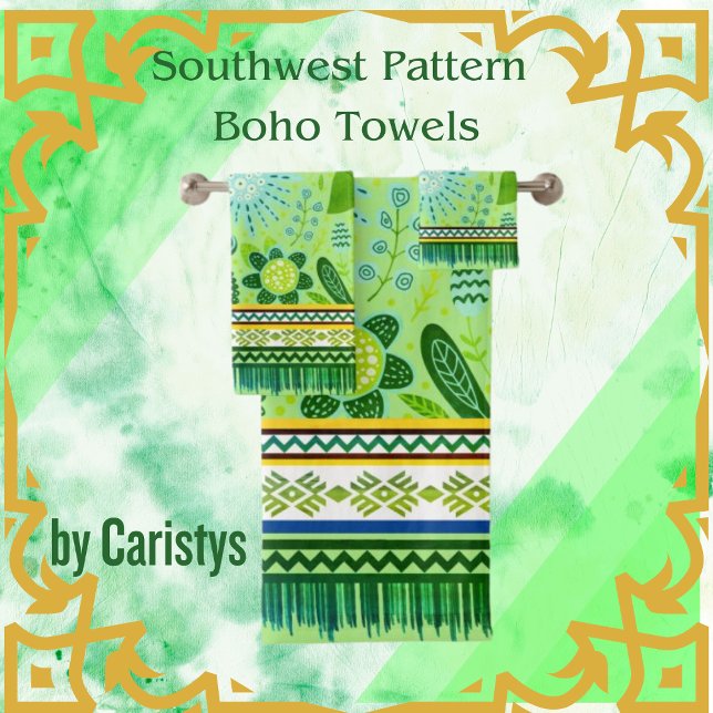 Southwest Pattern Boho Flowers Blue, Green, Yellow Bath Towel Set (Creator Uploaded)