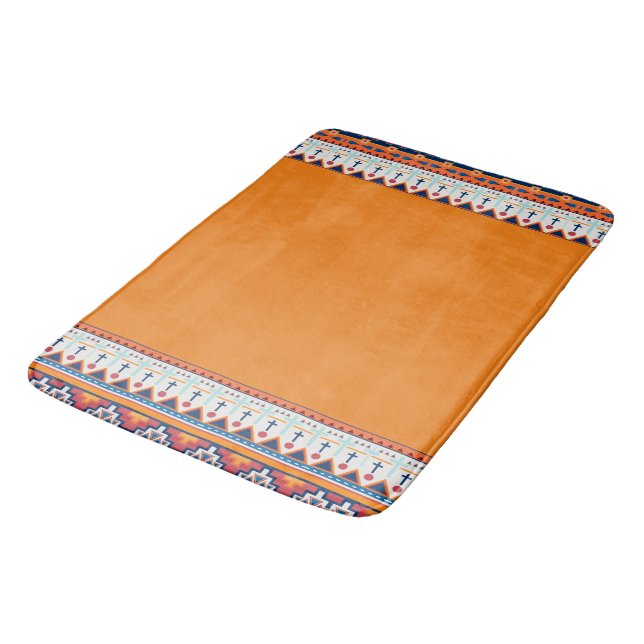 Southwest Pattern Boho Rustic Orange & Blue Bath Mat (Angled)
