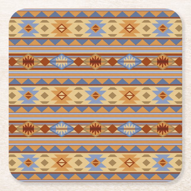 Southwest Pattern Design Rust Grey Gold Square Paper Coaster (Front)