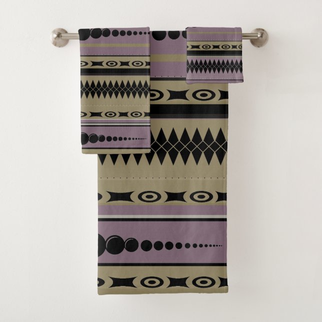 Southwest Pattern Taupe, Plum, Grey, Black Bath Towel Set (Insitu)
