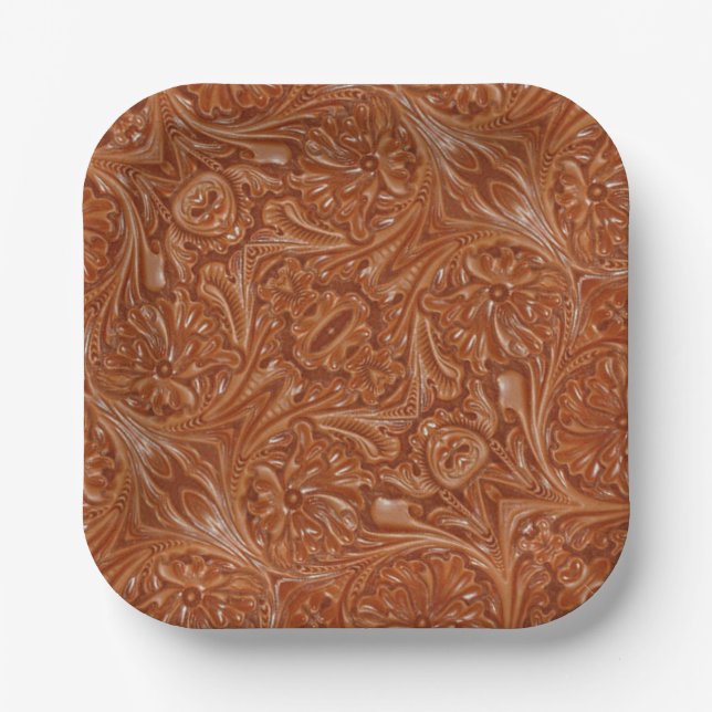 southwest pattern western country tooled leather paper plate (Front)