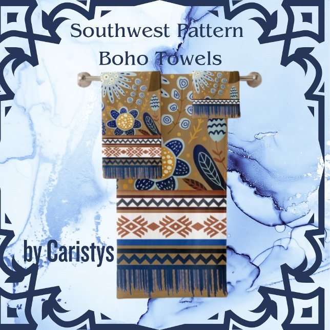 Southwest Patterns Boho Flowers Blues Gold Bath Towel Set (Creator Uploaded)
