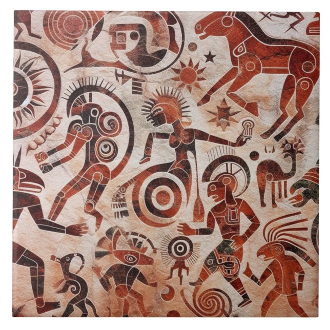 Southwest Petroglyph Design | Animals and Dancers Ceramic Tile (Front)
