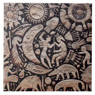 Southwest Petroglyph Design Animals Moon Dancing Ceramic Tile