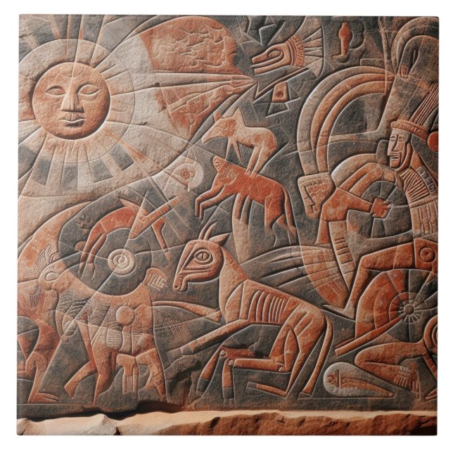 Southwest Petroglyph Design Animals Moon Dancing  Ceramic Tile (Front)