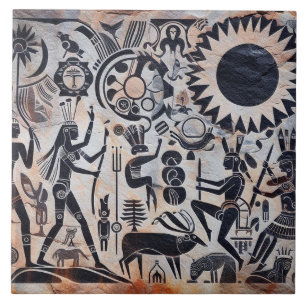 Southwest Petroglyph Design Animals Moon Dancing Ceramic Tile
