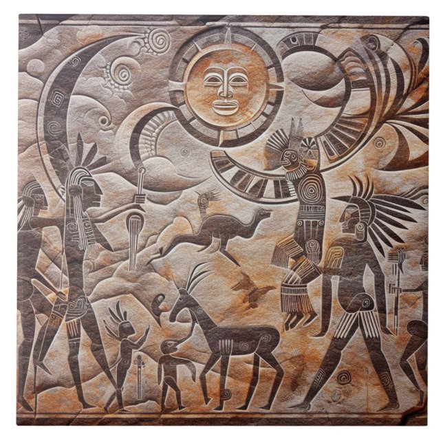 Southwest Petroglyph Design with Sun and Moon Ceramic Tile (Front)