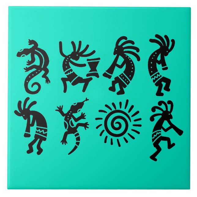 Southwest Petroglyph Kokopelli Turquoise Ceramic Tile (Front)