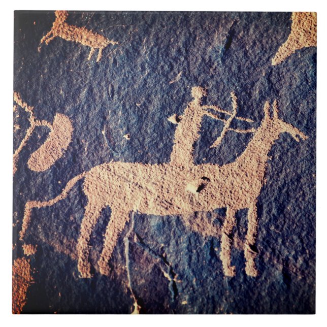 Southwest Petroglyph Native American on Horse Ceramic Tile (Front)