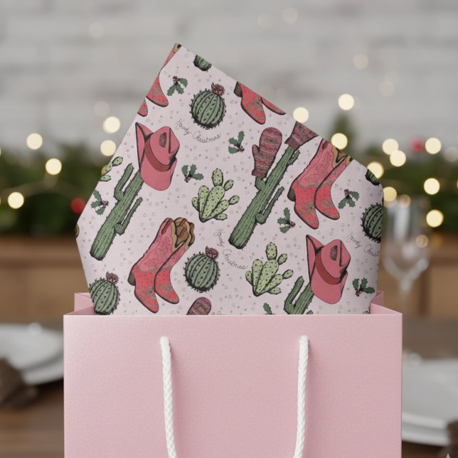 Southwest Pink Christmas Cowgirl Howdy Christmas Tissue Paper (Country Christmas Tissue Paper. Pink & Green Xmas Cowgirl Boots, Desert Cacti, Holly Berries Pattern)