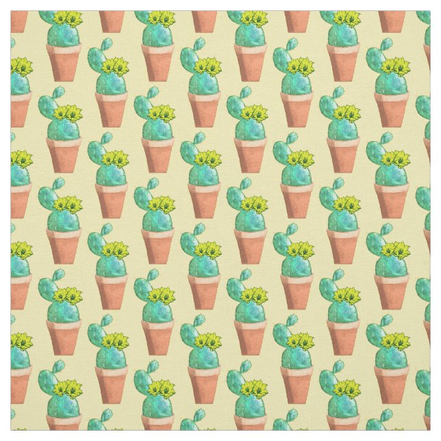 Southwest Potted Yellow Flowering Cactus Fabric (Swatch)