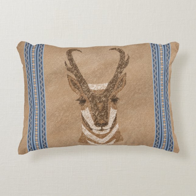 Southwest Pronghorn Antelope Face Blue Border Decorative Cushion (Front)