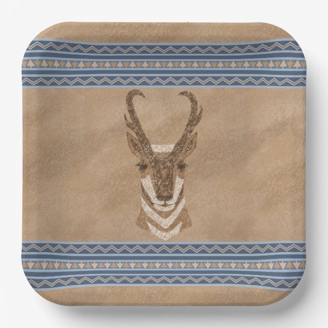 Southwest Pronghorn Antelope Head Blue Border Paper Plate (Front)
