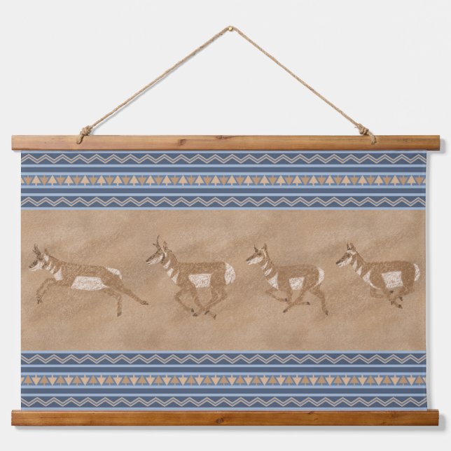 Southwest Pronghorn Antelope Herd with Blue Border Hanging Tapestry (Front)