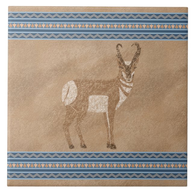 Southwest Pronghorn Antelope with Geometric Border Ceramic Tile (Front)
