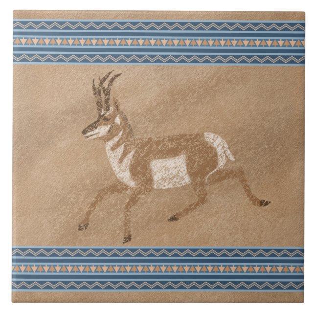 Southwest Pronghorn Antelope with Geometric Border Ceramic Tile (Front)
