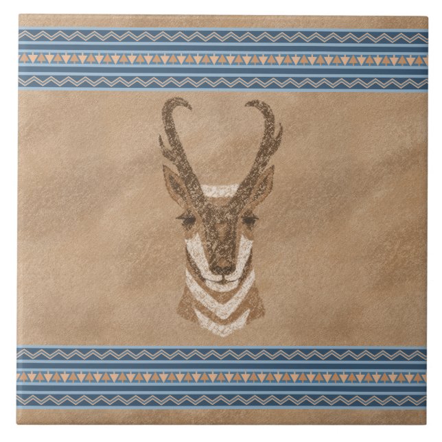 Southwest Pronghorn Antelope with Geometric Border Ceramic Tile (Front)