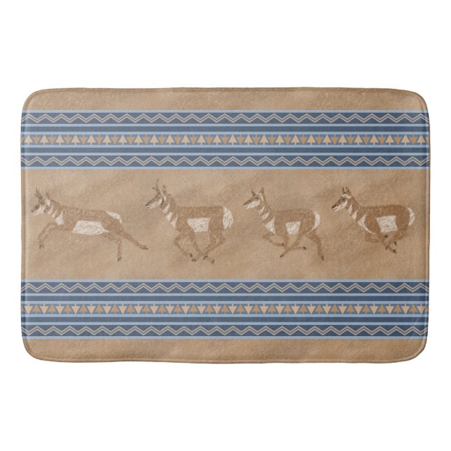 Southwest Pronghorn Antelopes Blue Border Bath Mat (Front)