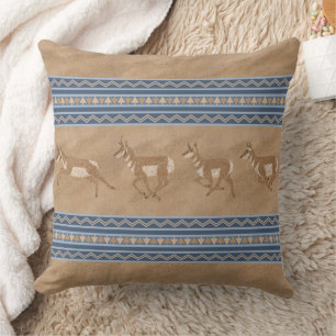 Southwest Pronghorn Antelopes Blue & Brown Border Cushion