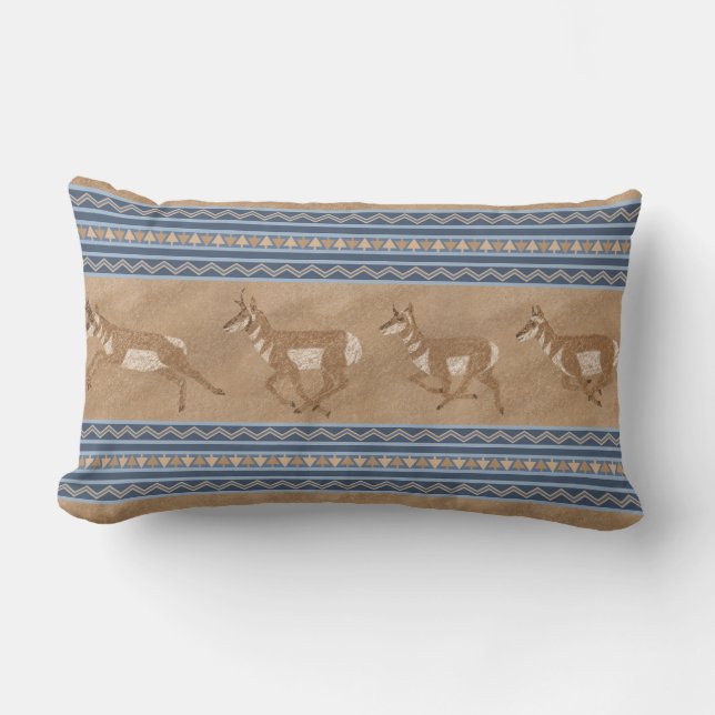 Southwest Pronghorn Antelopes Blue & Brown Border Lumbar Cushion (Front)