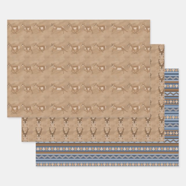 Southwest Pronghorn Antelopes Geometric Pattern Wrapping Paper Sheet (Set)