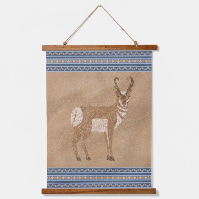 Southwest Pronghorn Standing Antelope Blue Border Hanging Tapestry (Front)