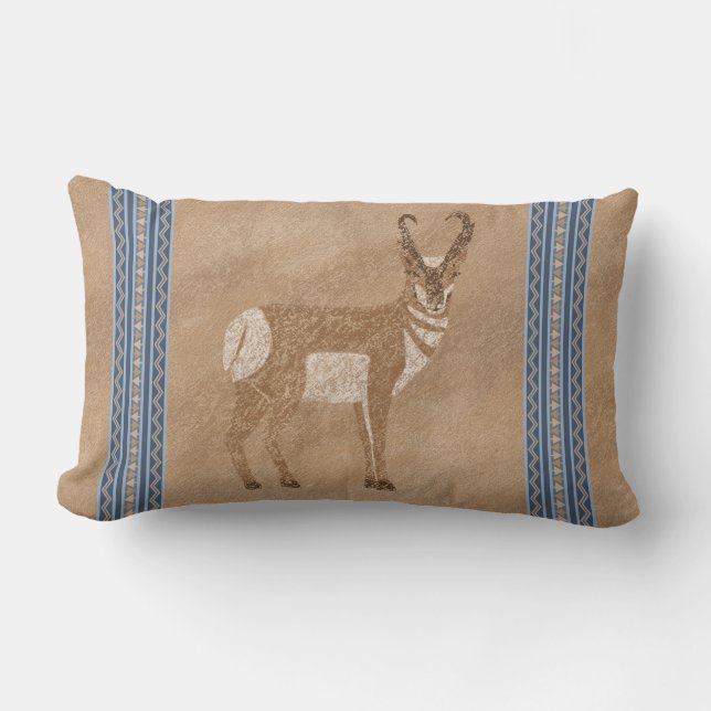 Southwest Pronghorn Standing Antelope Blue Border Lumbar Cushion (Front)