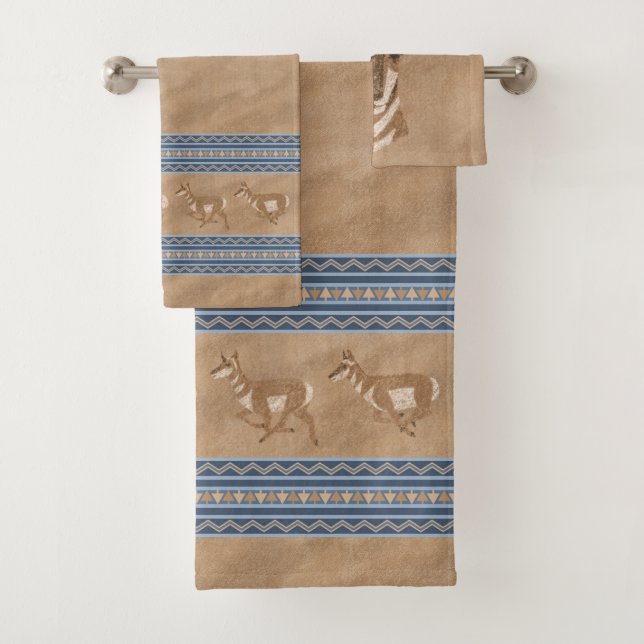 Southwest Pronghorns Antelope Face Blue Border Bath Towel Set (Insitu)