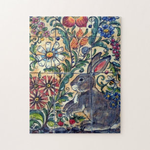 Southwest Rabbit Garden Tile Colourful Flowers Fol Jigsaw Puzzle