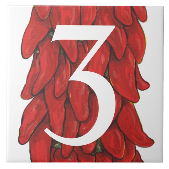 Southwest Red Chilli Pepper House Number 3 Three Ceramic Tile (Front)