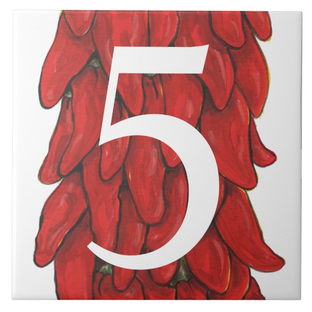 Southwest Red Chilli Pepper House Number 5 Five Ceramic Tile (Front)