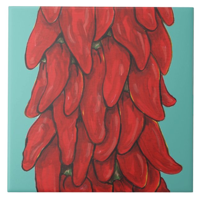Southwest Red Chilli Pepper Ristra Middle Turquois Ceramic Tile (Front)