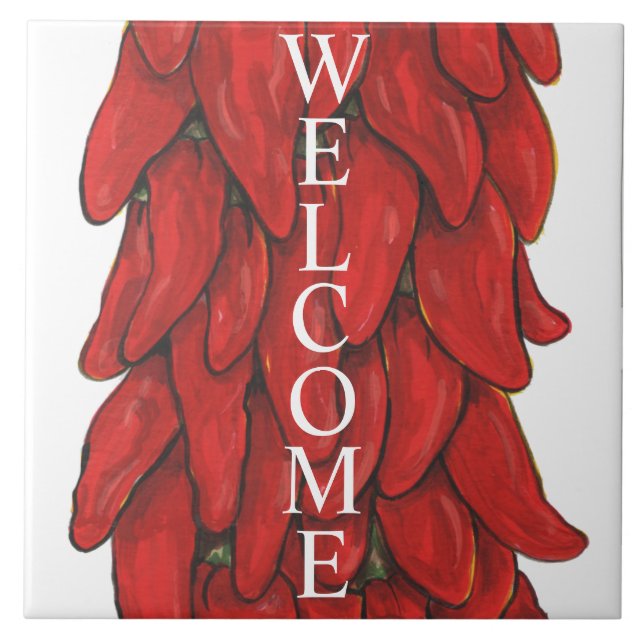 Southwest Red Chilli Pepper Ristra Welcome Middle Ceramic Tile (Front)