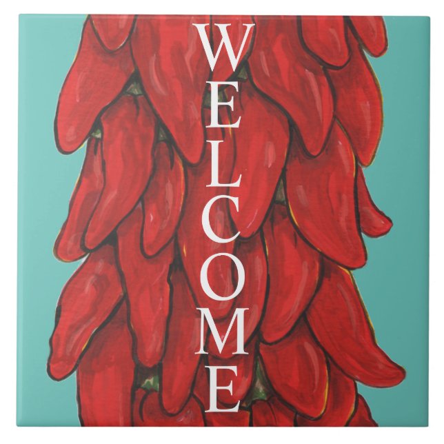 Southwest Red Chilli Pepper Sign Welcome Turquoise Ceramic Tile (Front)