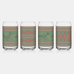 Southwest Roadrunner Geometric Green Assorted Set Can Glass
