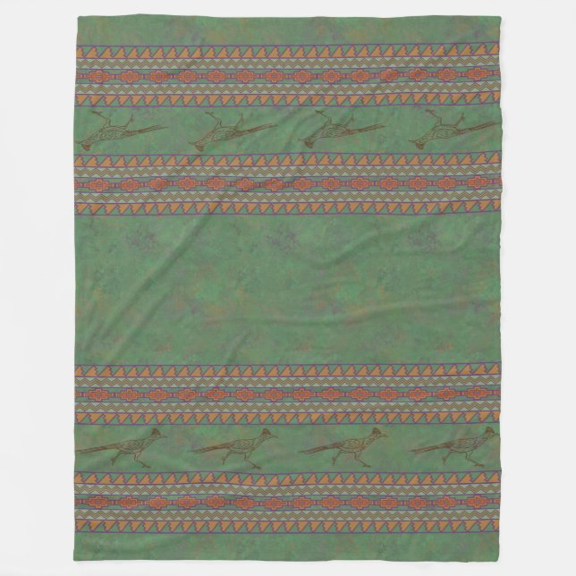 Southwest Roadrunner Sagebrush Green Fleece Blanket (Front)