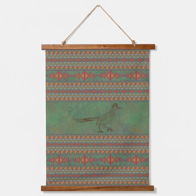 Southwest Roadrunner Sagebrush Green Geometric Hanging Tapestry (Front)