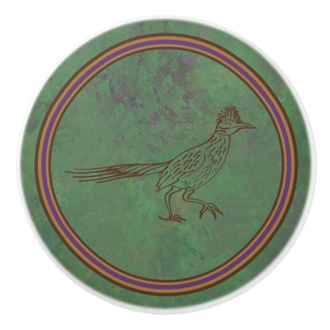 Southwest Roadrunner Scratching Sagebrush Green Ceramic Knob (Front)